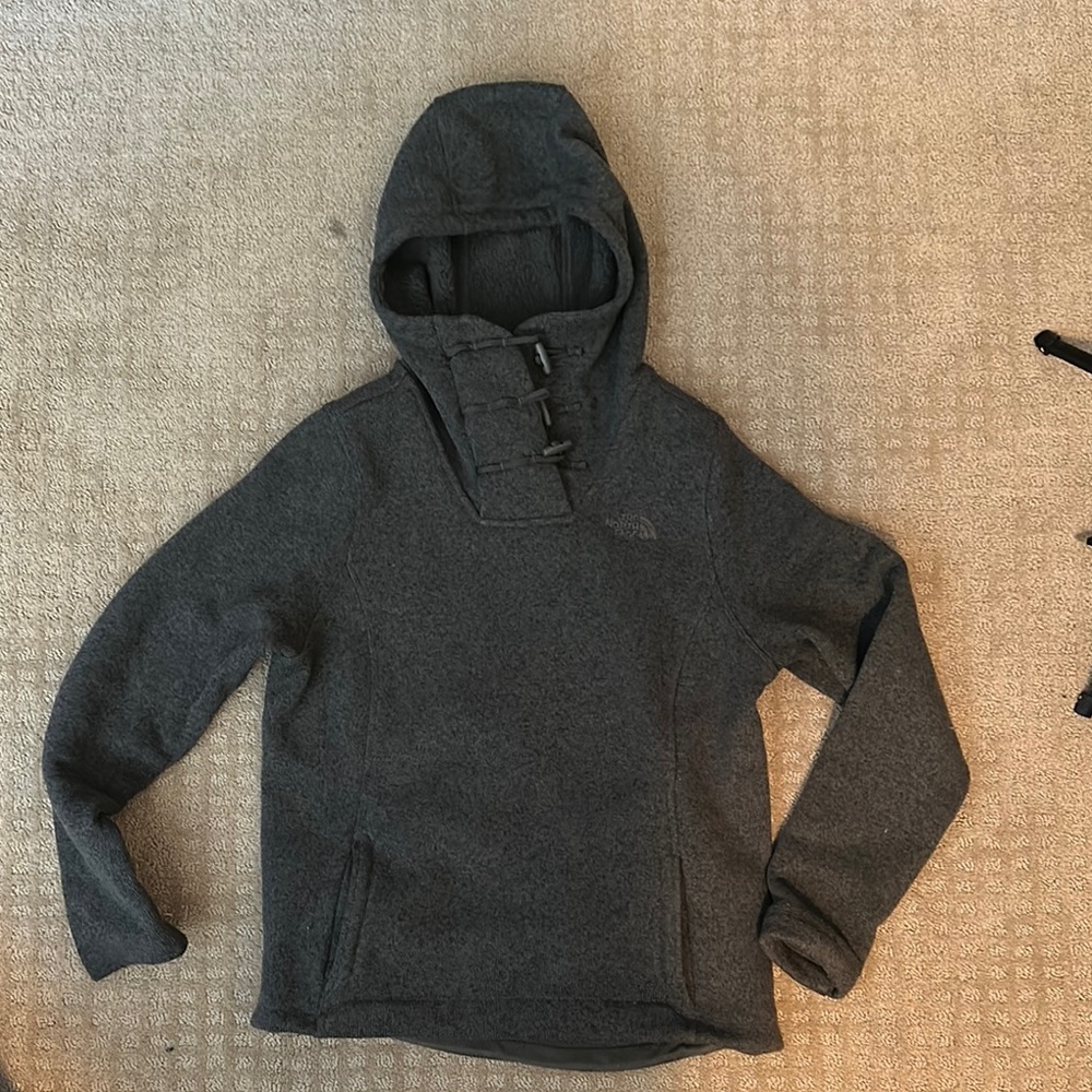 Gray Hooded Pullover with Buckle Detail
